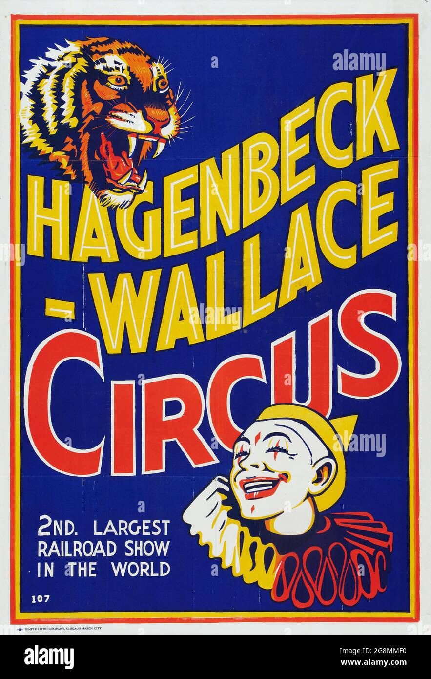 Vintage Circus Poster: Hagenbeck-Wallace Circus. Zweitgrößte Eisenbahnmesse der Welt. 1937. Ein Tiger und ein Clown. Stockfoto
