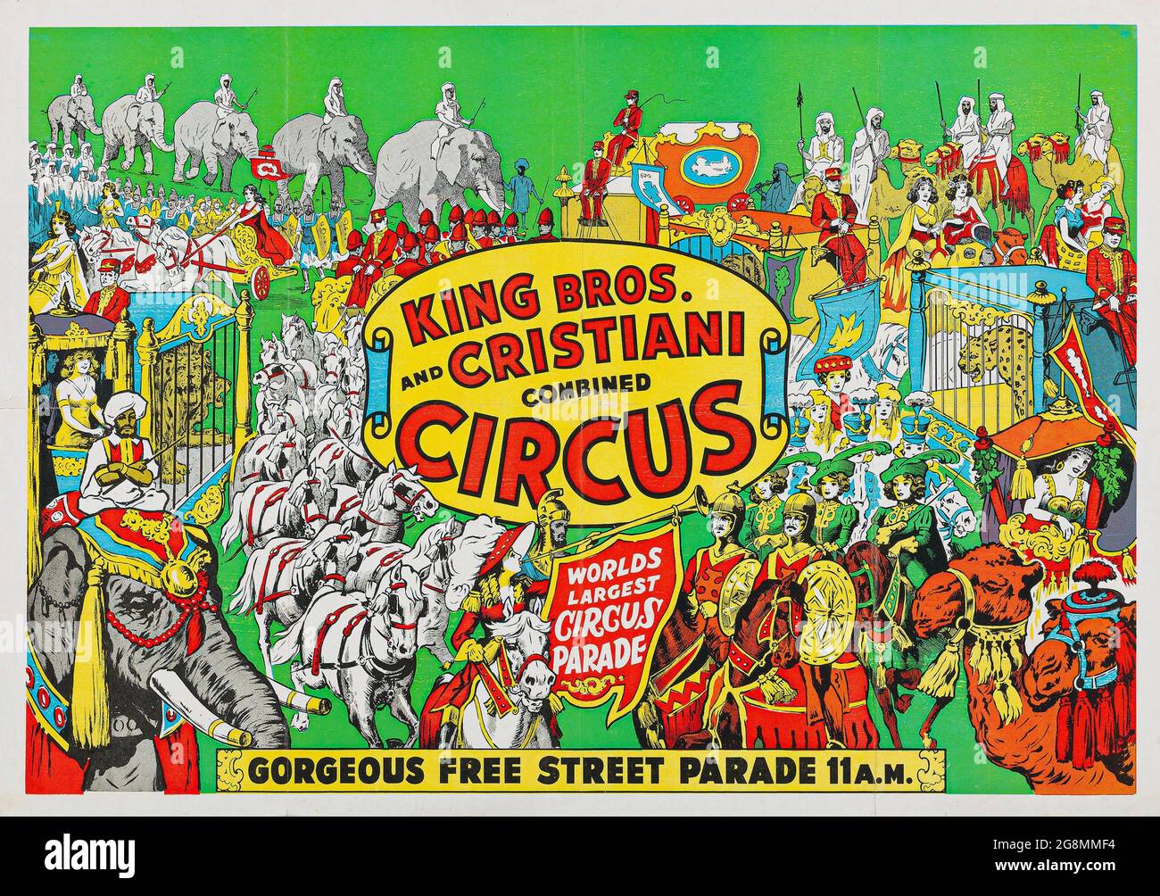 Vintage Circus Poster, King Bros. Und Cristiani Combined Circus (ca. 1951-1953). Wunderschöne kostenlose Straßenparade. Stockfoto