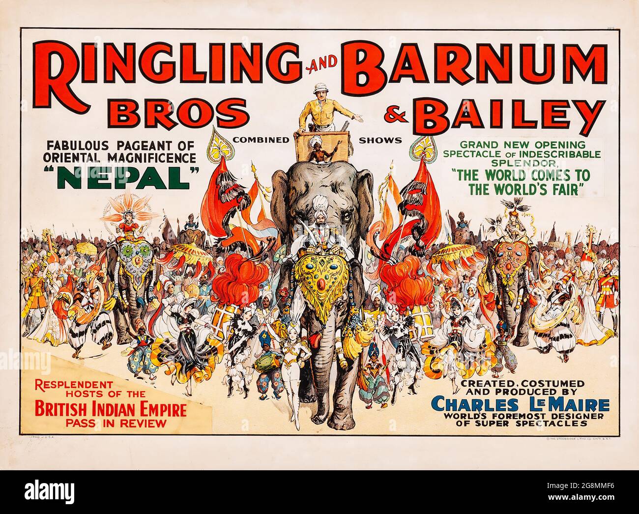 Vintage Circus Poster, Nepal (Ringling Brothers and Barnum and Bailey, c. L 1938, S. Schönes Plakat feat. zirkuskünstler und Elefanten. Stockfoto