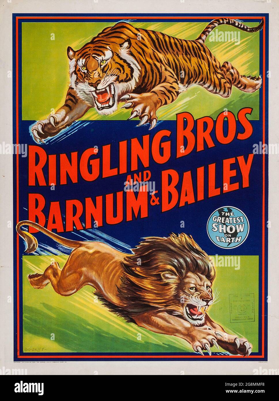 Ringling Bros und Barnum & Bailey Circus (1945). Vintage Zirkus Poster feat. Ein angreifender Tiger und Löwe. „The Greatest Show on Earth“. Stockfoto