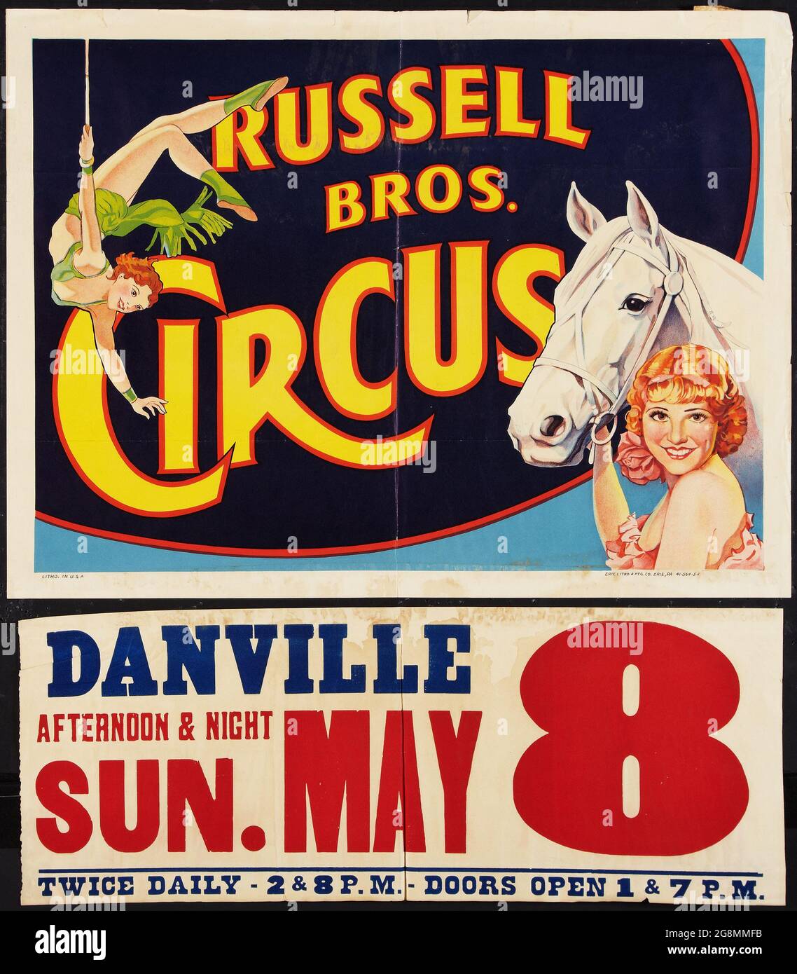 Russell Brothers Circus Poster (Russell Bros). Vintage Circus Poster, das in Danville verwendet wird. 8.Mai 1938. Stockfoto