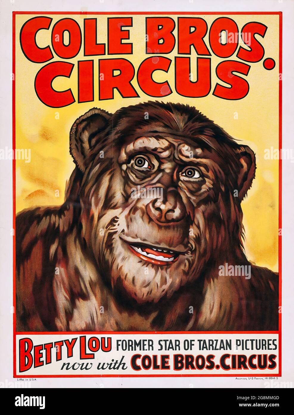 Zirkusposter Cole Bros. Circus (Cole Brothers, Anfang der 40er Jahre). Die Schimpanse Betty Lou, ehemaliger Star von Tarzan, fotografiert jetzt mit Cole Bros. Circus. Stockfoto