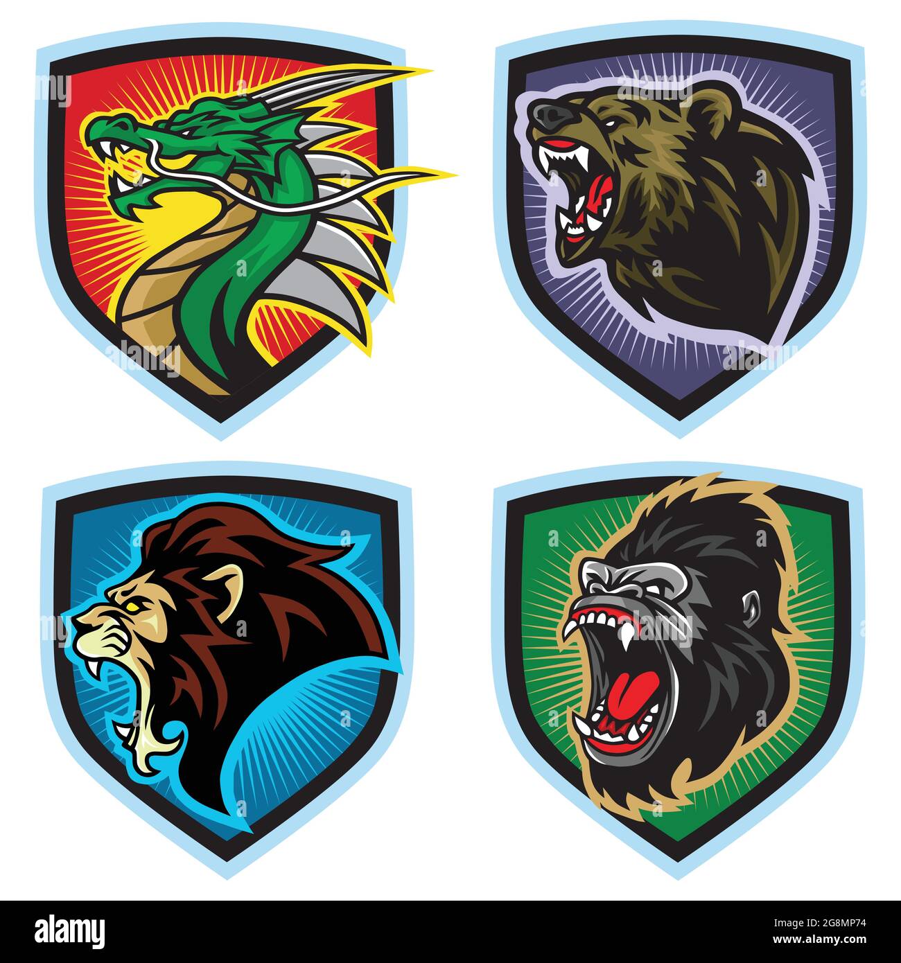 Wild Animals Logo-Set. Drache, Löwe, Bär, Gorilla, Esports Vektor Maskottchen Logo Design Illustration Stock Vektor
