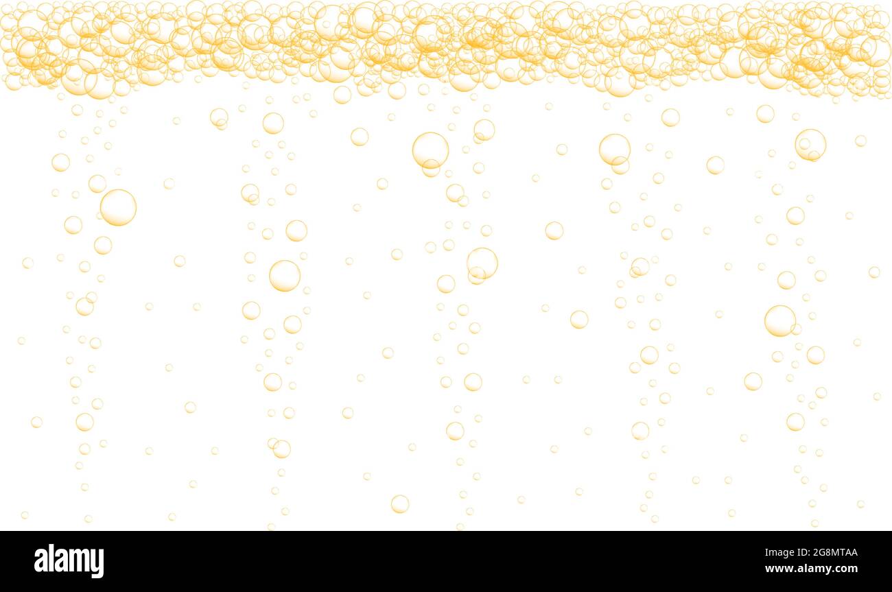 Goldene Blasen strömen Hintergrund. Kohlensäurehaltiges Getränk, kohlensäurehaltiges Wasser, Bier, Limonade, Limonade, Champagnerstruktur. Vektor-realistische Darstellung. Stock Vektor