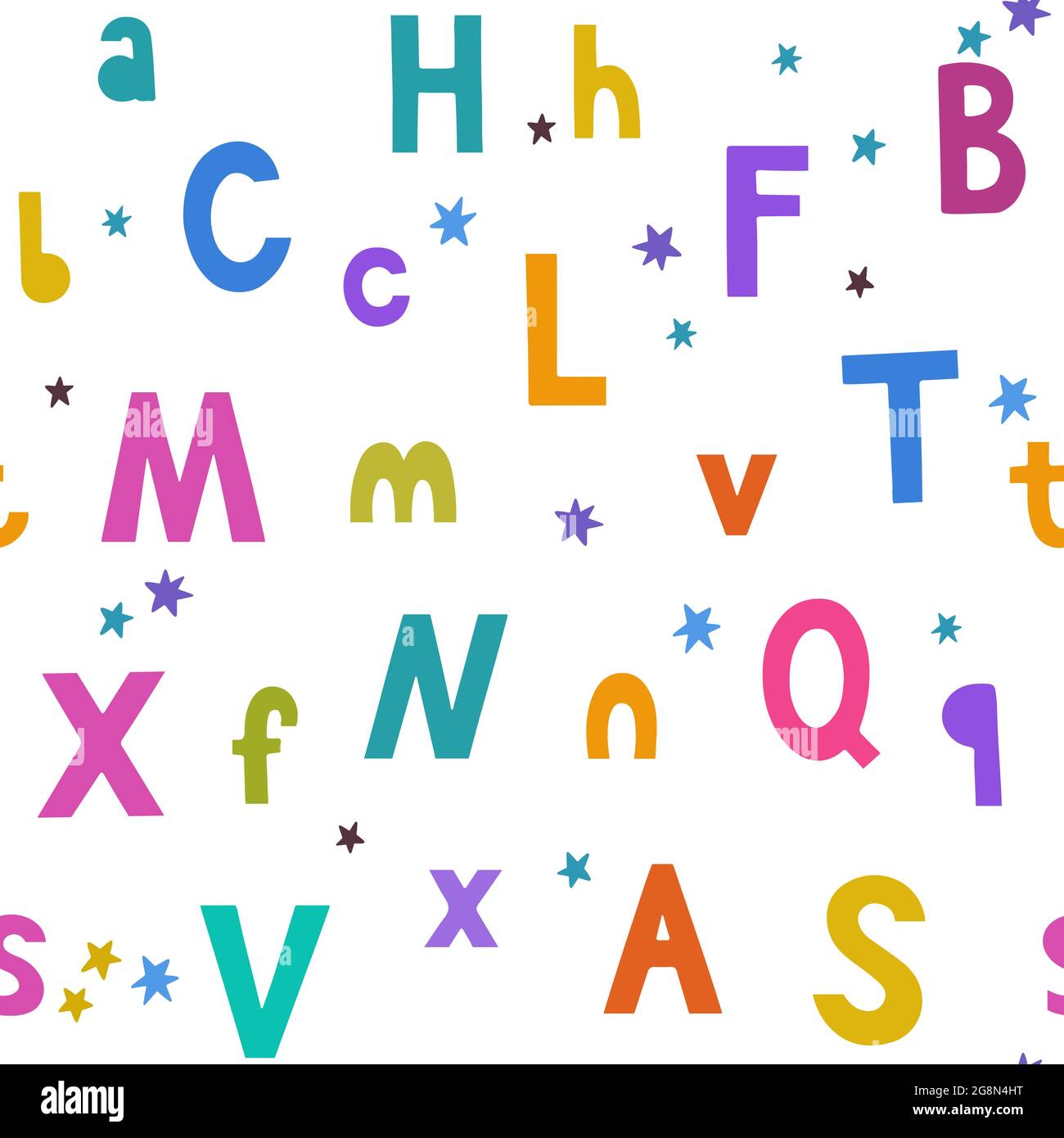 Nahtloses Muster mit bunten, handgezeichneten Doodle-Buchstaben und Sternen für Kinder und Baby-Design und Accessoires. Stock Vektor