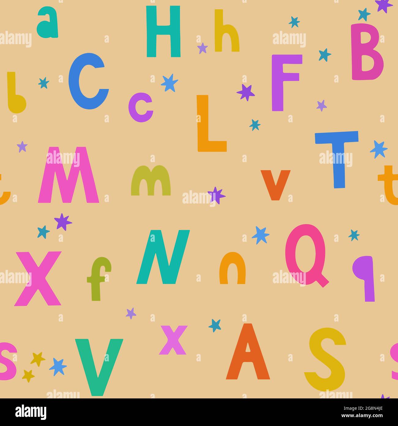 Nahtloses Muster mit bunten, handgezeichneten Doodle-Buchstaben und Sternen für Kinder und Baby-Design und Accessoires. Stock Vektor