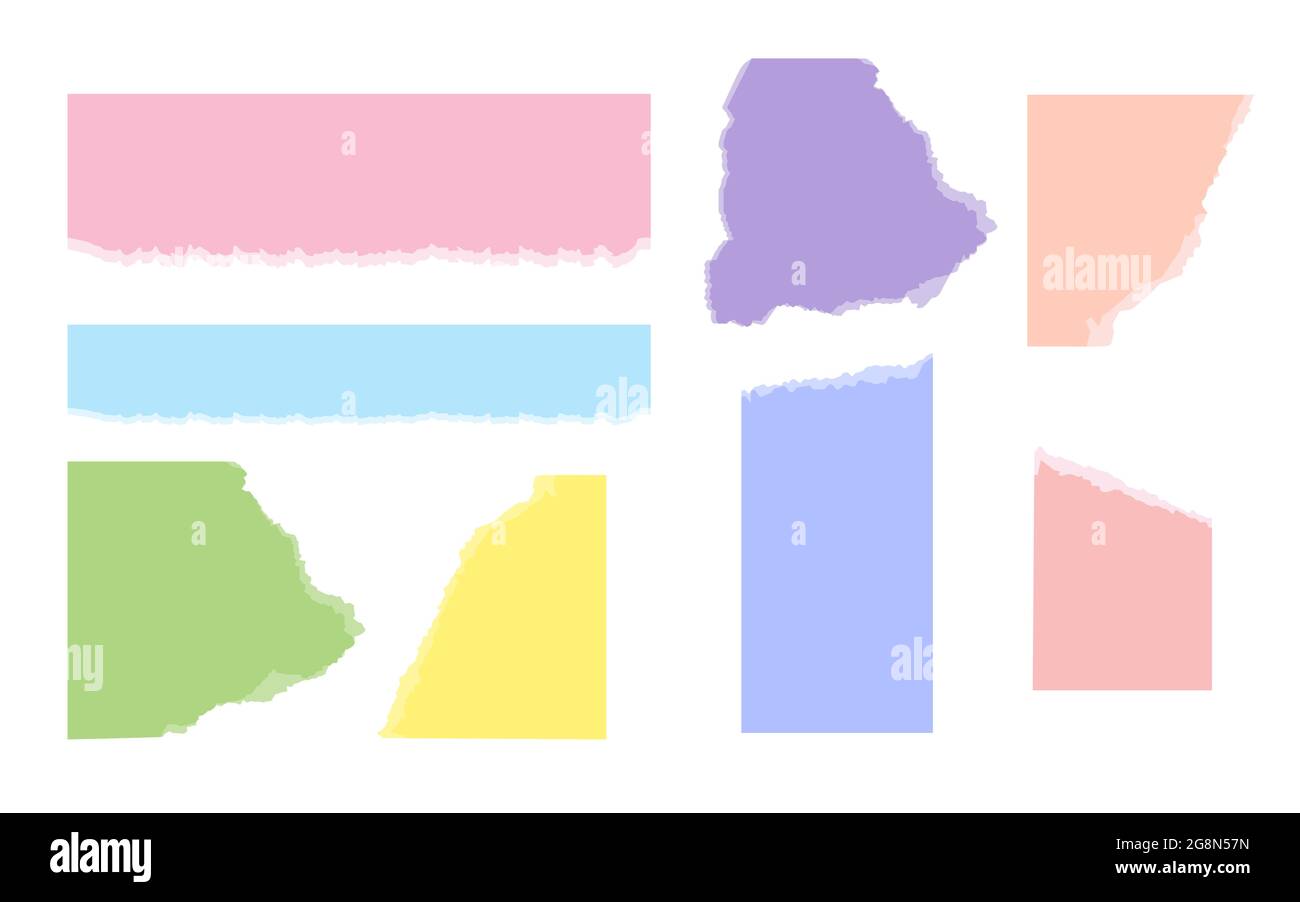 Bunt zerrissenes Papier verschiedene Formen und verschiedene Farben. Leere zerrissene Seitenstücke mit zerfetzter Kante. Notizbuch Papier Stück oder Sammelalbum. Erinnerung an leere Vorlage für Memo. Isolierte Vektordarstellung Stock Vektor