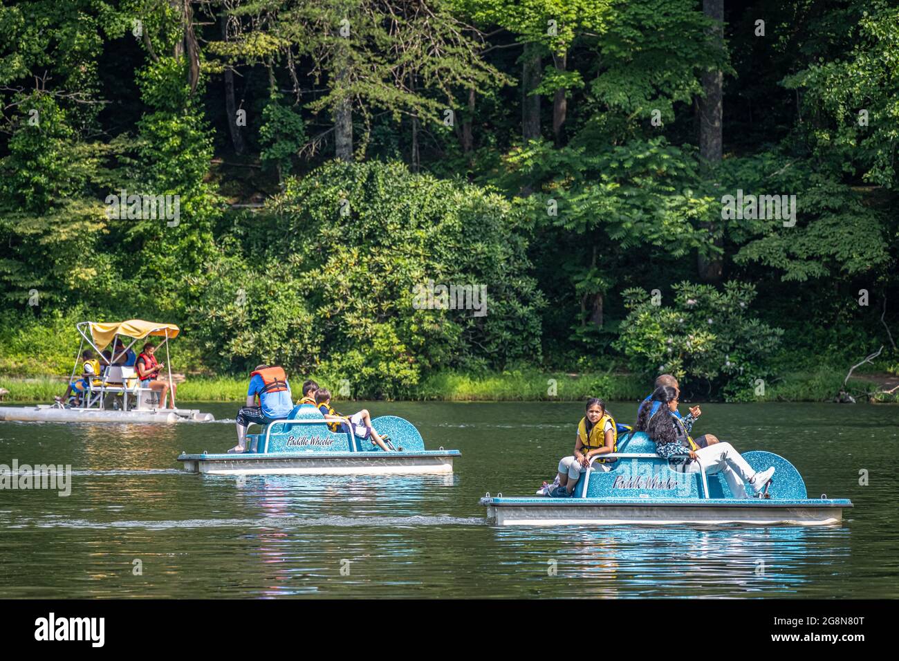 Familien, die Paddle Wheeler Boote auf dem Lake Trahlyta im Vogel State Park in den Blue Ridge Mountains bei Blairsville fahren. (USA) Stockfoto