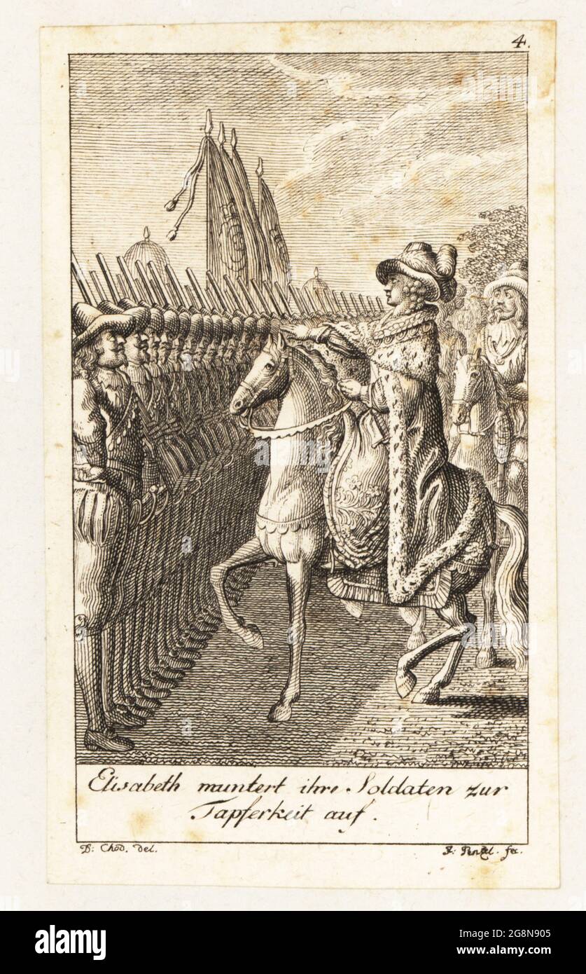Königin Elisabeth I. von England hielt ihre Rede vor der Marine in Tilbury, vor der Ankunft der spanischen Armada, 1588. Elisabeth mantert ihre Soldaten zur Tapferkeit auf. Kupferstich gezeichnet und geätzt von Daniel Nikolaus Chodowiecki aus sechs Historienbildern aus dem Altertum und Mittelalter, 6 Blätter zur älteren und mittleren Geschichte, Deutschland, 1795. Stockfoto