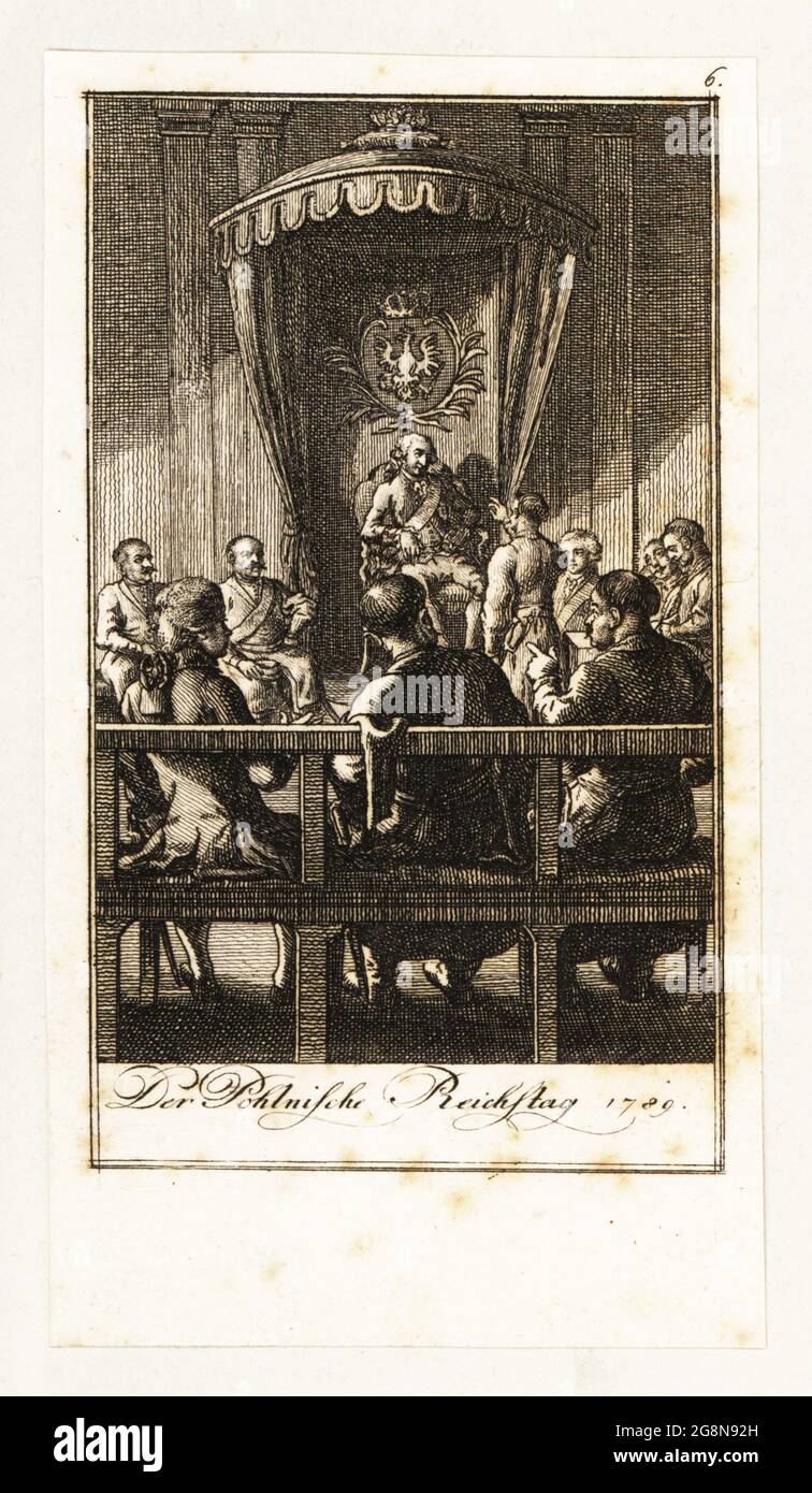 Stanislaus II. Augustus, König von Polen, Teilnahme am Ständigen Rat, 1789. Kupferstich gezeichnet und geätzt von Daniel Nikolaus Chodowiecki aus 12 Blättern Darstellungen aus der neuen Geschichte, 12 Picturs Illustrating Modern History, Germany, 1789. Stockfoto