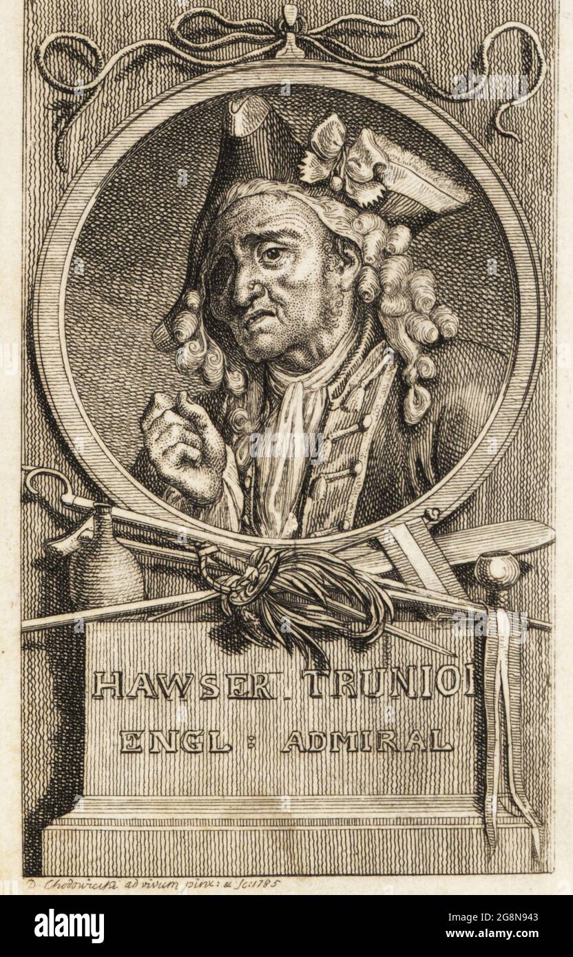 Porträt von Commodore Hawser Trunnion, frauenfeindlicher Seemann in Tobias Smolletts pikareskem Roman die Abenteuer von Peregrine Pickle, 1758. Alter Mann mit Warzen und nur einem Auge in Dreihorn und Perücke, mit Schwert, Ruder, Kolben und Stock auf einem Sockel. Hawser Trunion, Engl. Admiral. Kupferstich gezeichnet und gestochen von Daniel Nikolaus Chodowiecki, 1785. Stockfoto
