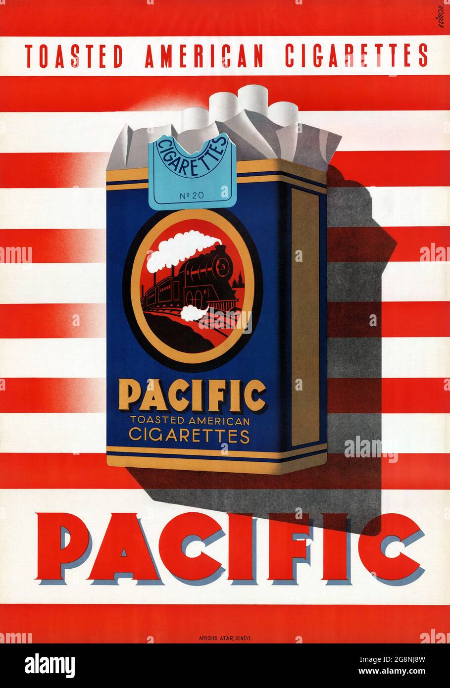Pacific toastete amerikanische Zigaretten von Andrée Simon. Restauriertes Vintage Poster veröffentlicht ca. 1950. Stockfoto