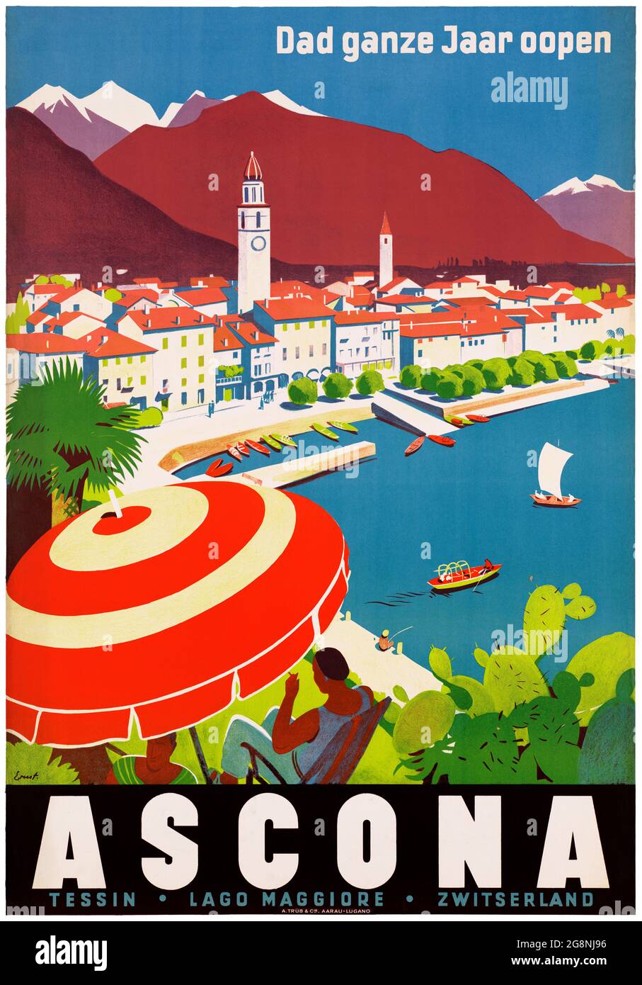 Ascona. Dad ganze Jaar oopen von Ernst Otto (1884-1967). Restauriertes  Vintage-Poster, das 1934 in der Schweiz veröffentlicht wurde  Stockfotografie - Alamy