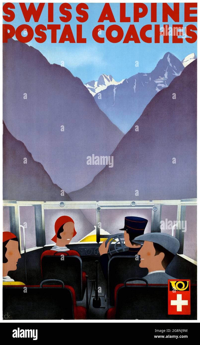 Schweizer Alpine Postwagen. Restauriertes Vintage Poster veröffentlicht ca. 1930er Jahre in der Schweiz. Stockfoto