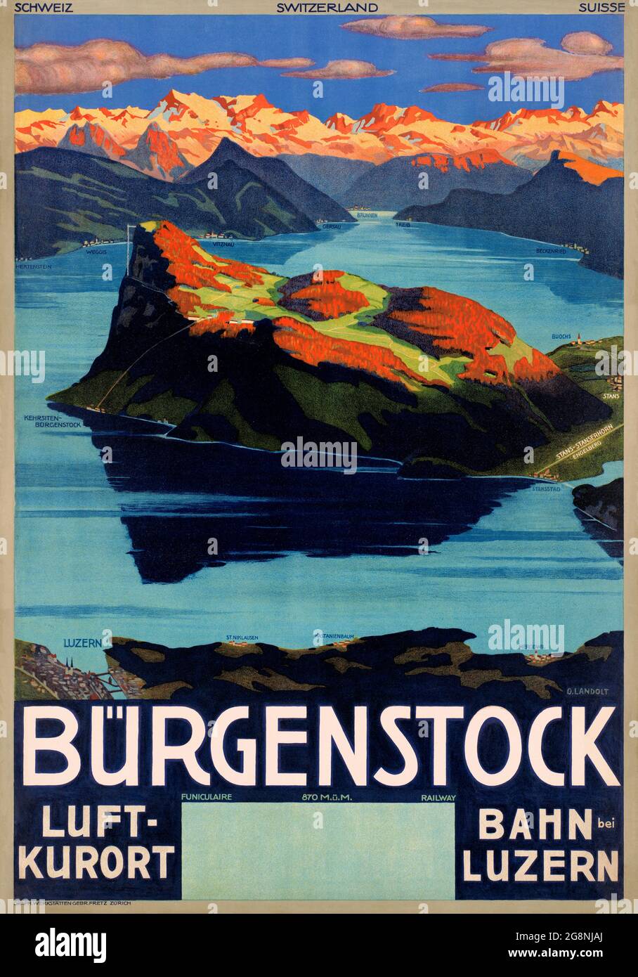 Bürgenstock. Luftkurort. Bahn Luzern by Otto Landolt (1889-1951). Restauriertes Vintage-Poster, das 1930 in der Schweiz veröffentlicht wurde. Stockfoto