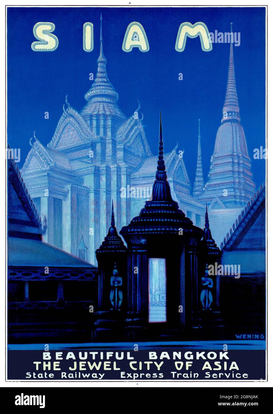 Siam - Beautiful Bangkok, the Jewel City of Asia von Michael Rudolf Wening (1893-1970). Restauriertes Vintage-Poster, das in den 1920er Jahren in Thailand veröffentlicht wurde. Stockfoto