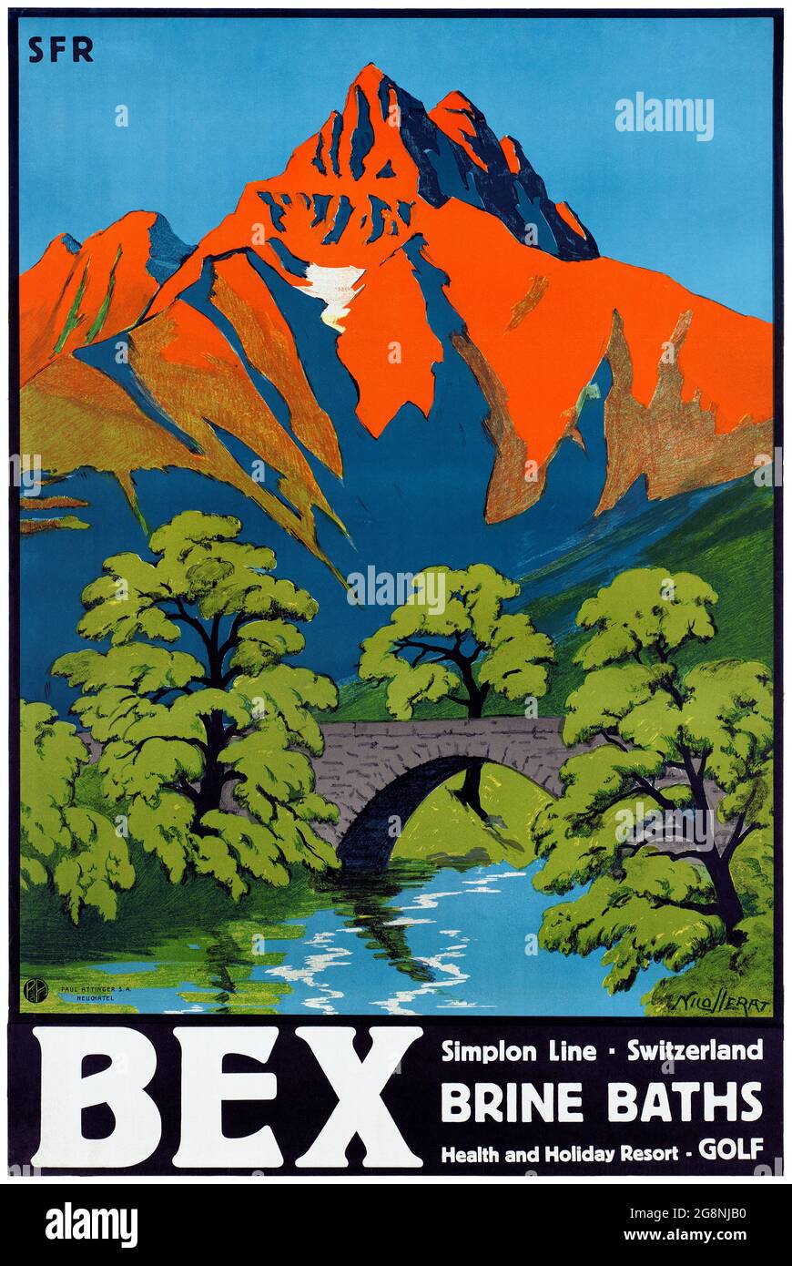 Bex, Simplon Line, Schweiz von Aimé-Félix Nicollerat (1876-1946). Restauriertes Vintage-Poster, das 1930 in der Schweiz veröffentlicht wurde. Stockfoto