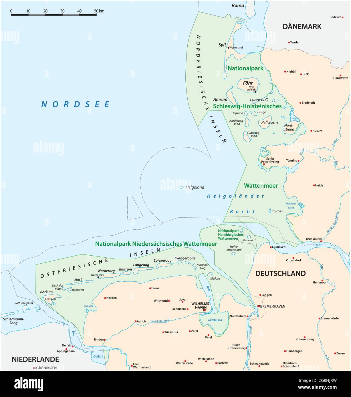 Vektorkarte der drei Wattenmeer-Nationalparks in deutscher Sprache, Deutschland Stock Vektor