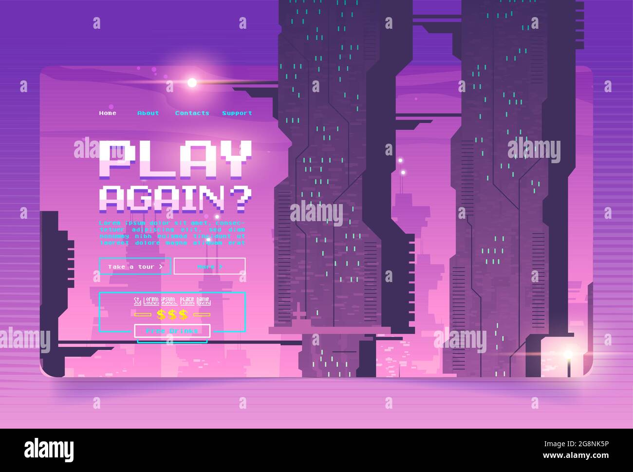 Arcade-Game-Banner mit futuristischem Stadthintergrund Stock Vektor