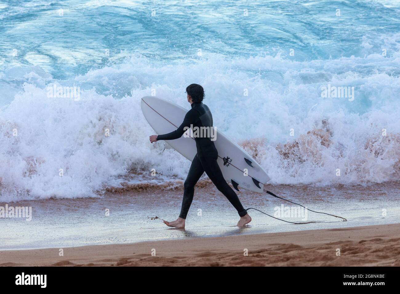 Australischer Surfer, Teenager mit einem Neoprenanzug, trägt sein Surfbrett in Sydney, NSW, Australien, Richtung Meer Stockfoto