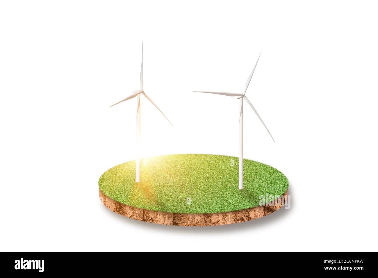 Querschnitt Boden von grünem Gras Feld mit Windturbine isoliert auf weiß Stockfoto