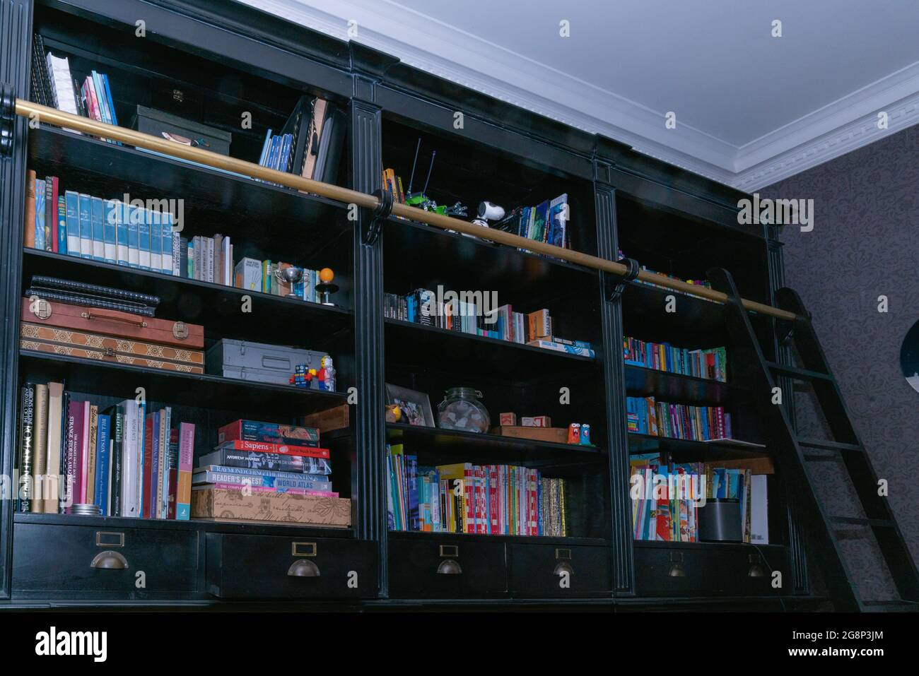 Auckland - Neuseeland - 19. Juli 2021; Bücherregal aus dunklem Holz mit Büchern und Gegenständen für Telefonkonferenzen oder Zoom-Anrufe. Stockfoto
