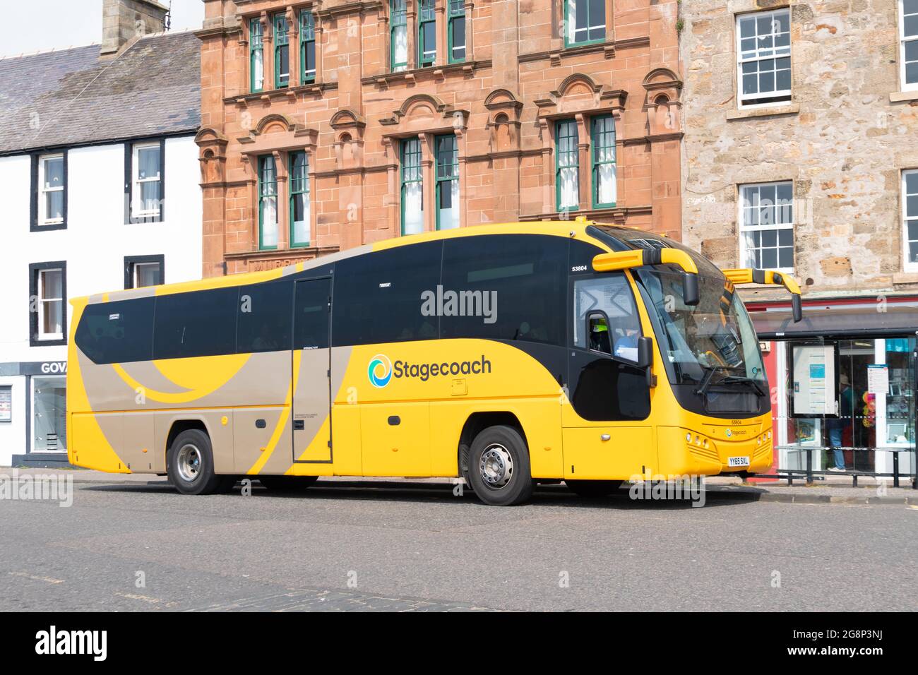 Stagecoach Yellow Bus, Anstruther, Schottland, Großbritannien Stockfoto