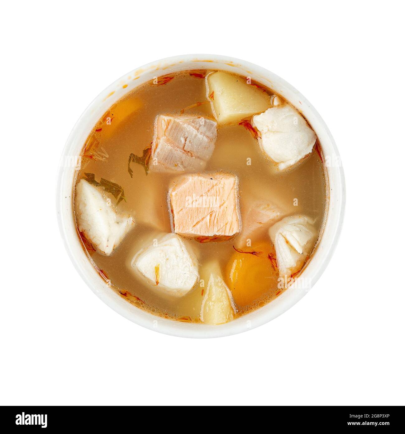 Isolierte Ukha-Fischsuppe auf weißem Hintergrund Stockfoto