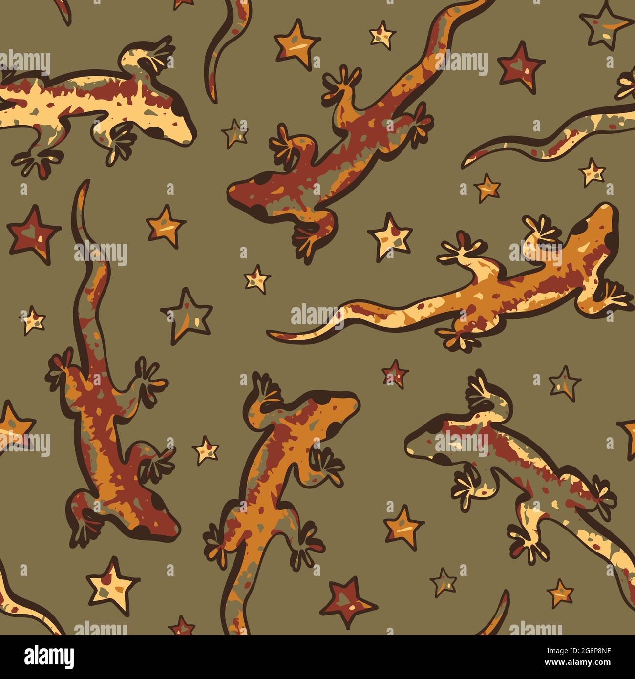 Nahtloses Vektormuster mit Eidechsen und Sternen auf braunem Hintergrund. Wildlife African Tapete Design. Fun Gecko Mode Textil. Stock Vektor