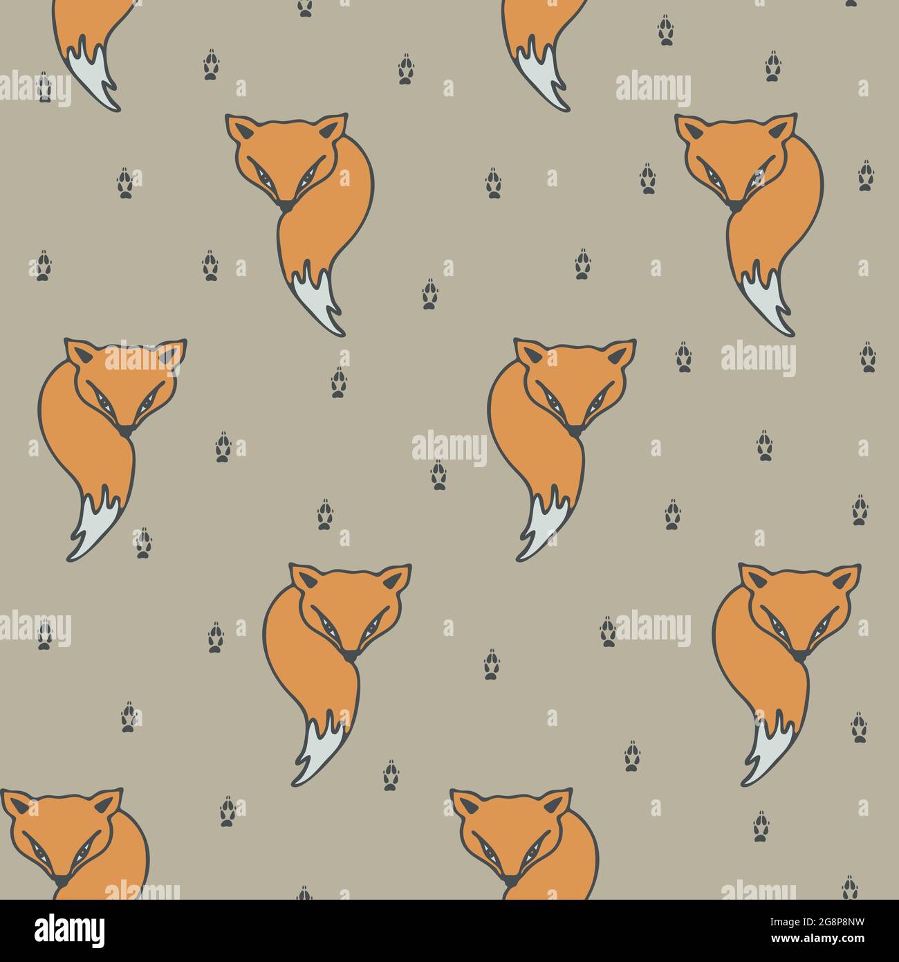 Nahtloses Vektor-Muster mit Fuchs auf hellgrauem Hintergrund. Einfaches Tier-Tapete-Design. Moderne Mode-Textilien. Stock Vektor