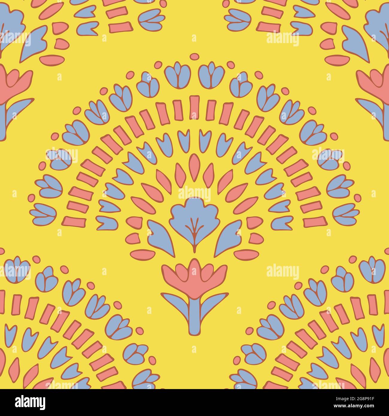 Nahtloses Vektor-Muster mit Blumenfächer auf gelbem Hintergrund. Schönes griechisches florales Tapetendesign. Pastellfarbene Sommermode-Textilien. Stock Vektor