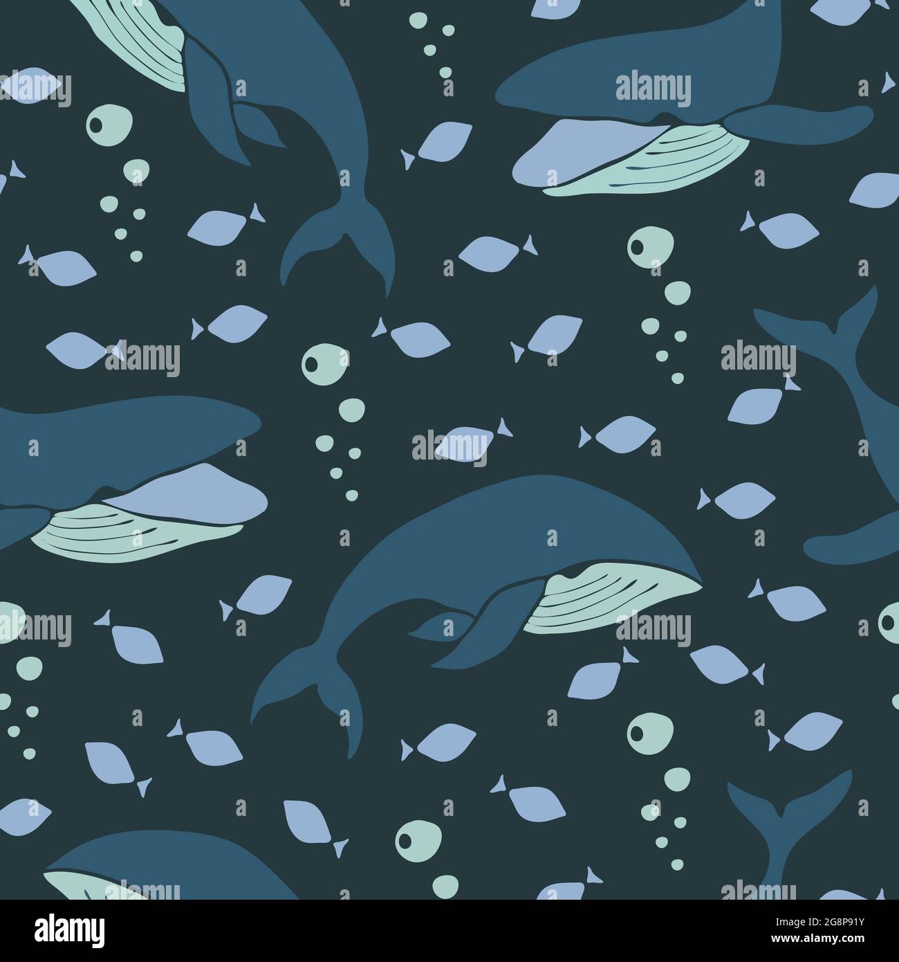 Nahtloses Vektormuster mit Walen und Fischen auf dunkelblauem Hintergrund. Einfaches Unterwasser-Tapete-Design. Stock Vektor