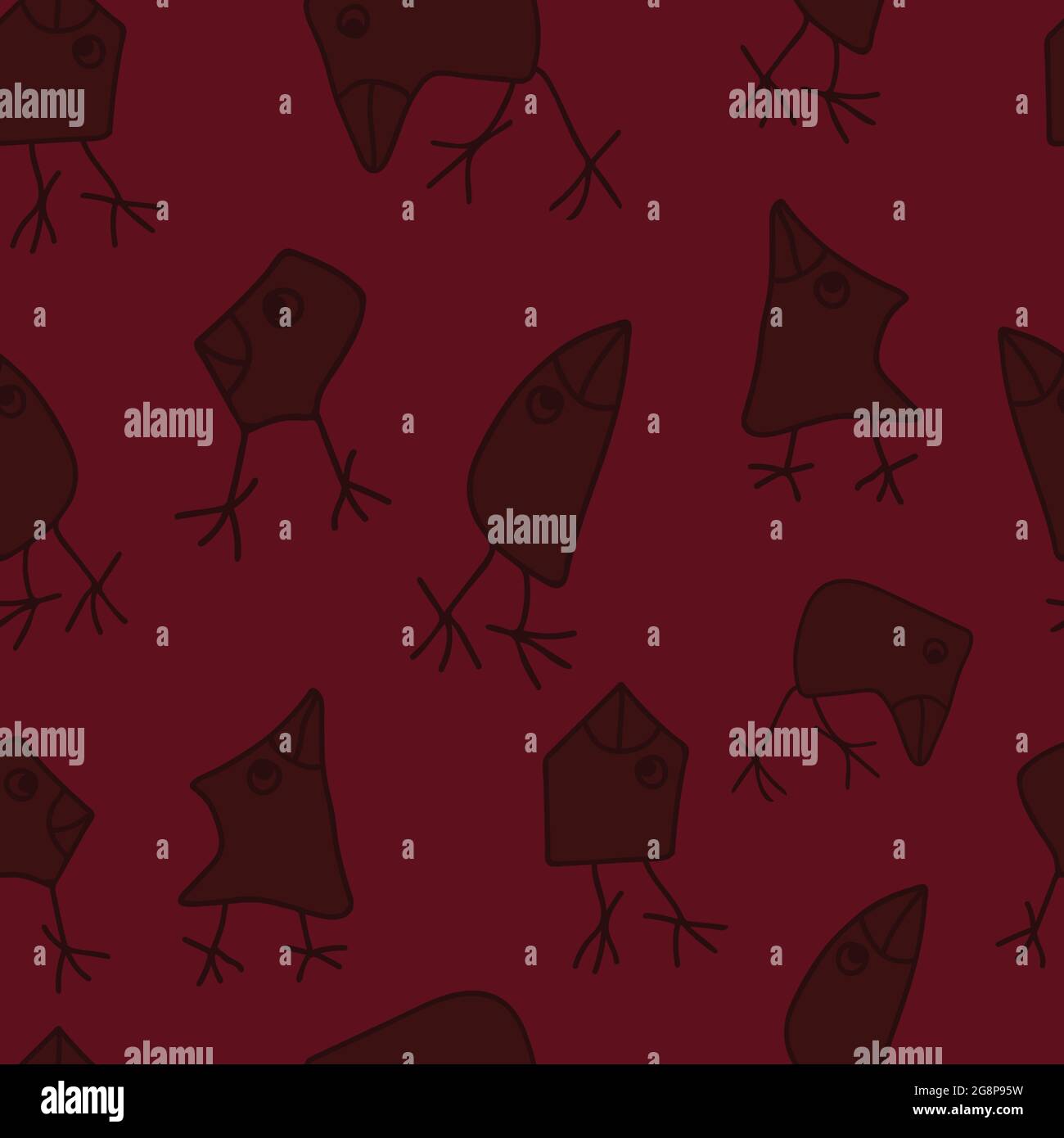 Nahtlose Vektor-Muster mit Cartoon-Stil Vögel auf dunkelviolettem Hintergrund. Lustige handgezeichnete Silhouetten von Vögeln. Stock Vektor