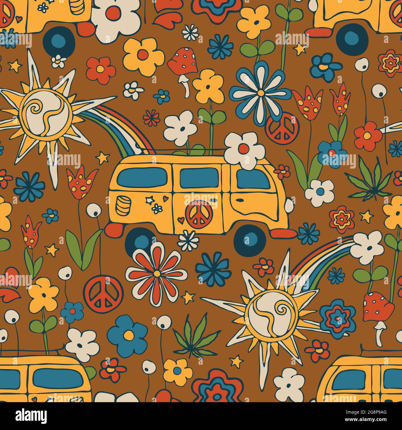 Nahtloses Vektor-Muster mit Retro-Blumen auf braunem Hintergrund. Spaß glücklich Sommer Tapete Design. Dekorative Lifestyle Mode Textil. Stock Vektor