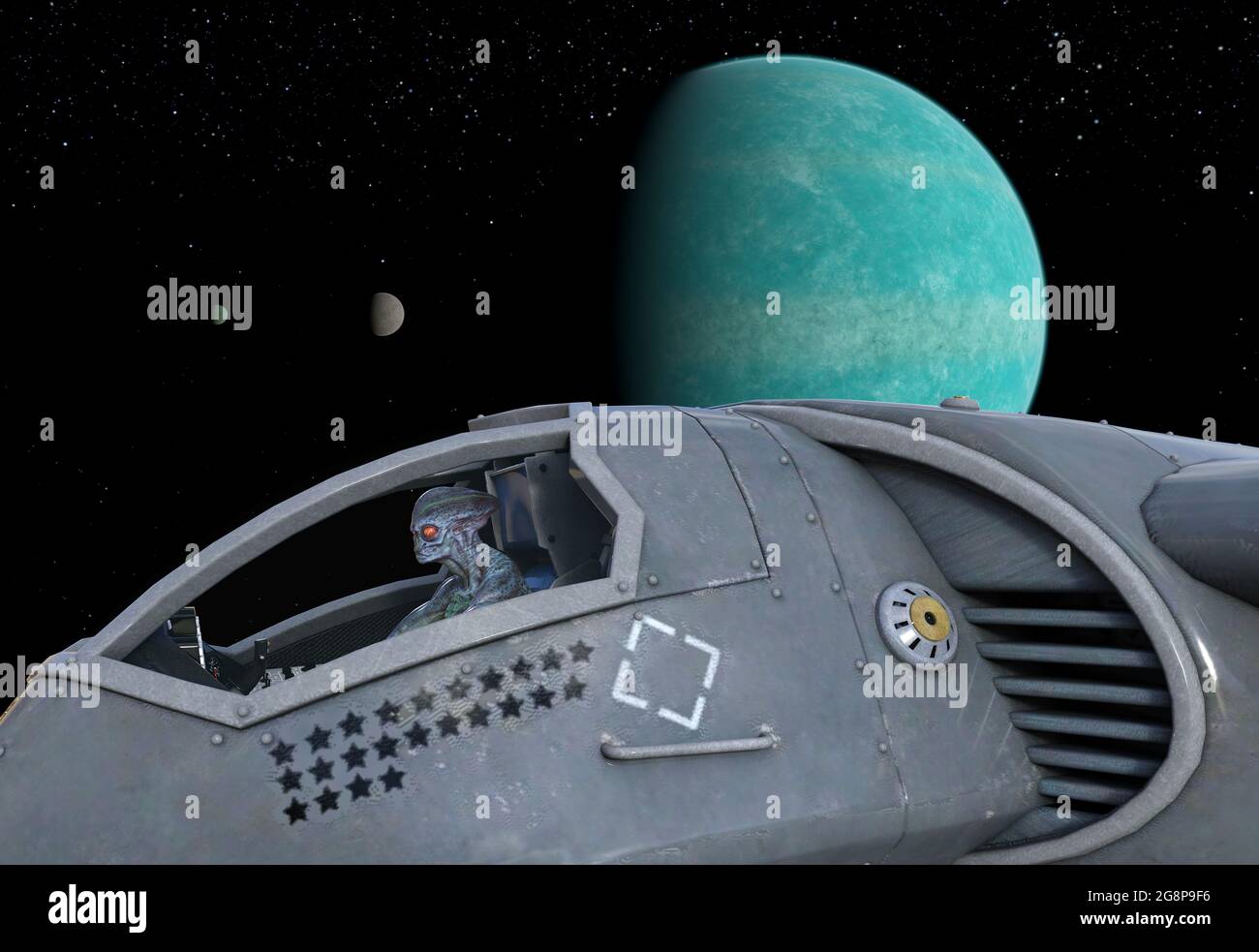 3d-Illustration eines Außerirdischen, der ein Raumschiff mit einem blauen Planeten und Monden im Hintergrund pilotieren soll. Stockfoto