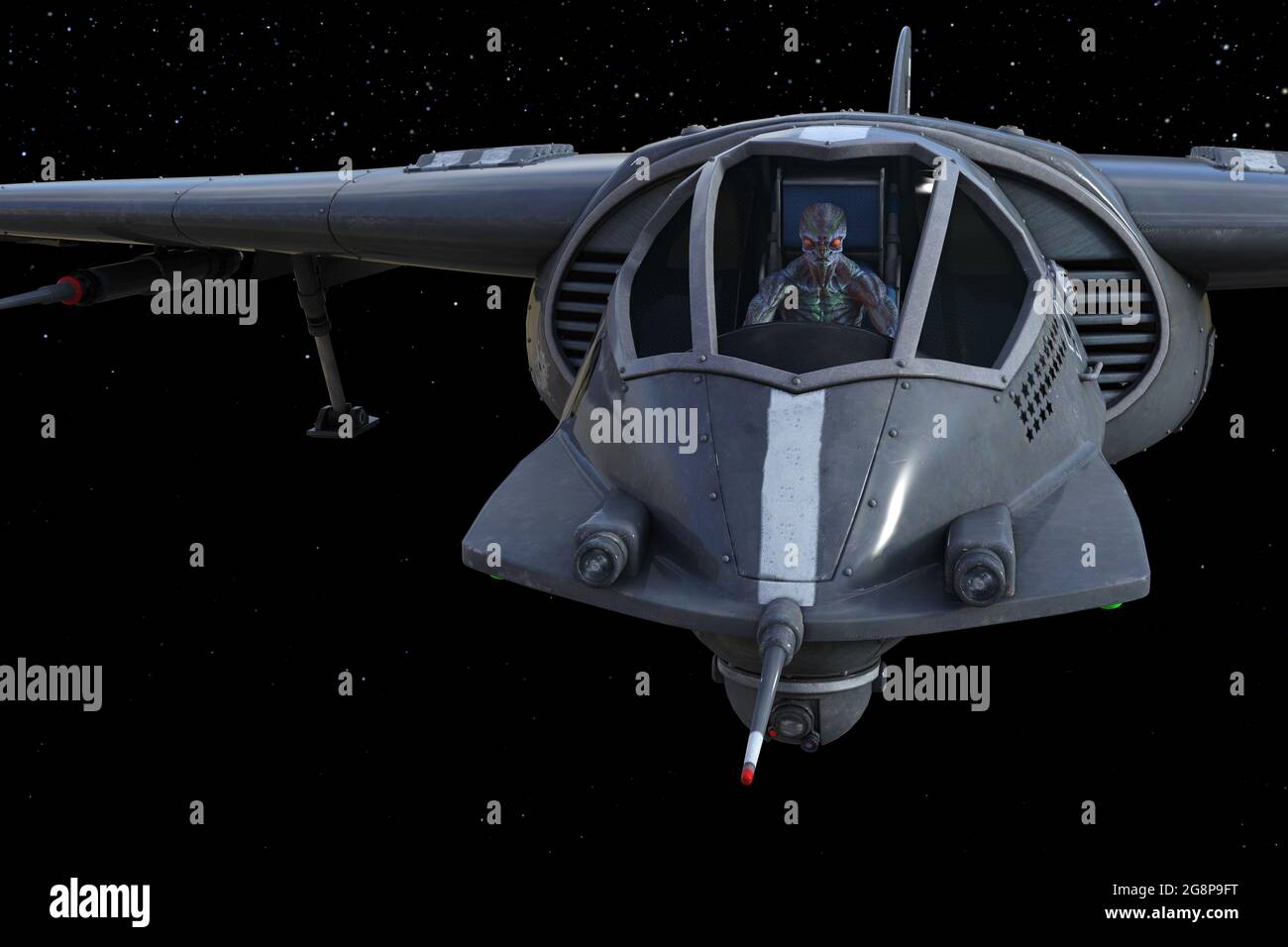 3d-Illustration eines Aliens, der ein Raumschiff tief im Weltraum mit Sternen im Hintergrund pilotieren kann. Stockfoto