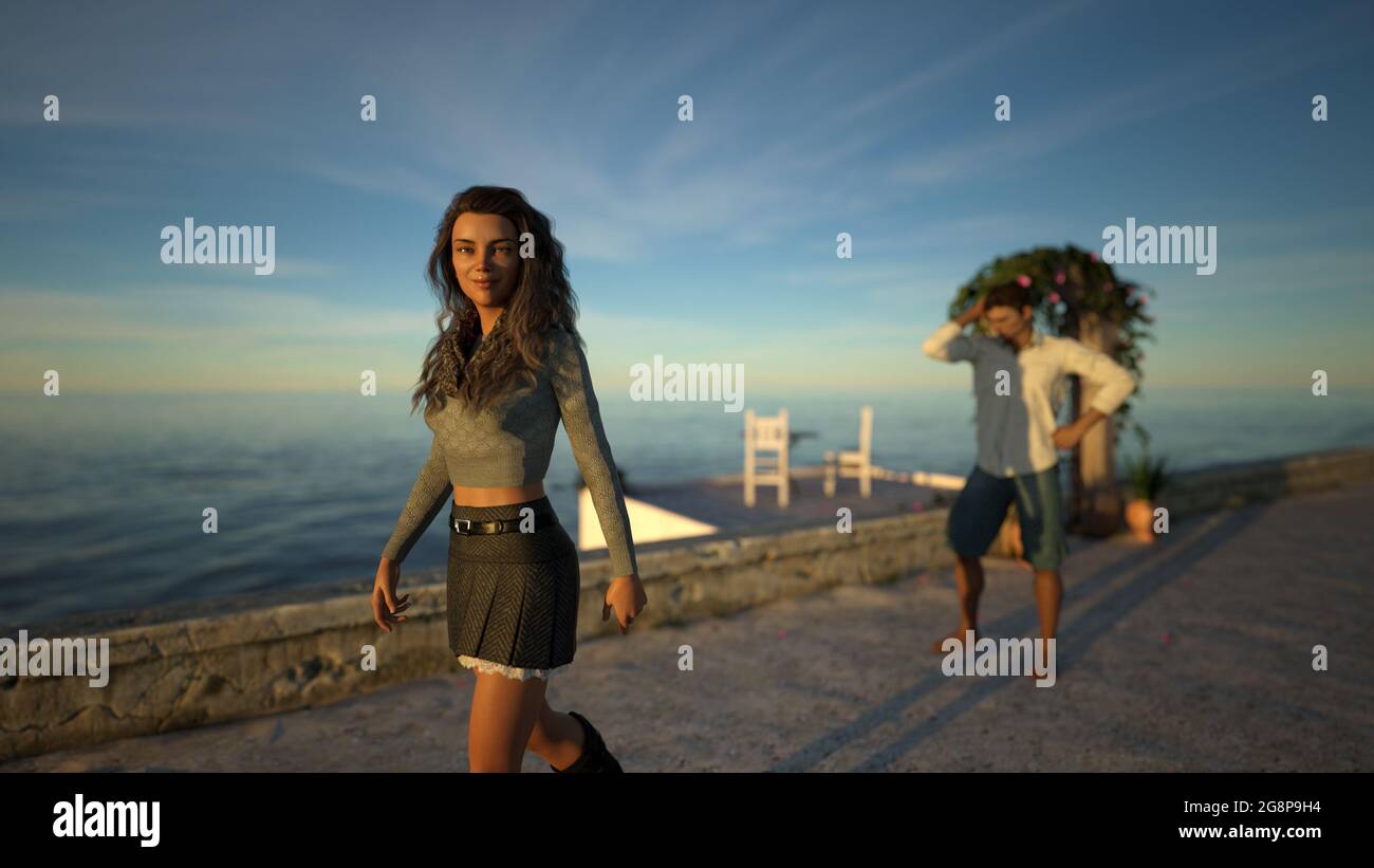 3D-Darstellung einer Frau, die bei Sonnenuntergang von einem Mann hinter ihr weggeht und am Meer lächelt, mit einer kleinen Terrasse im Hintergrund. Stockfoto