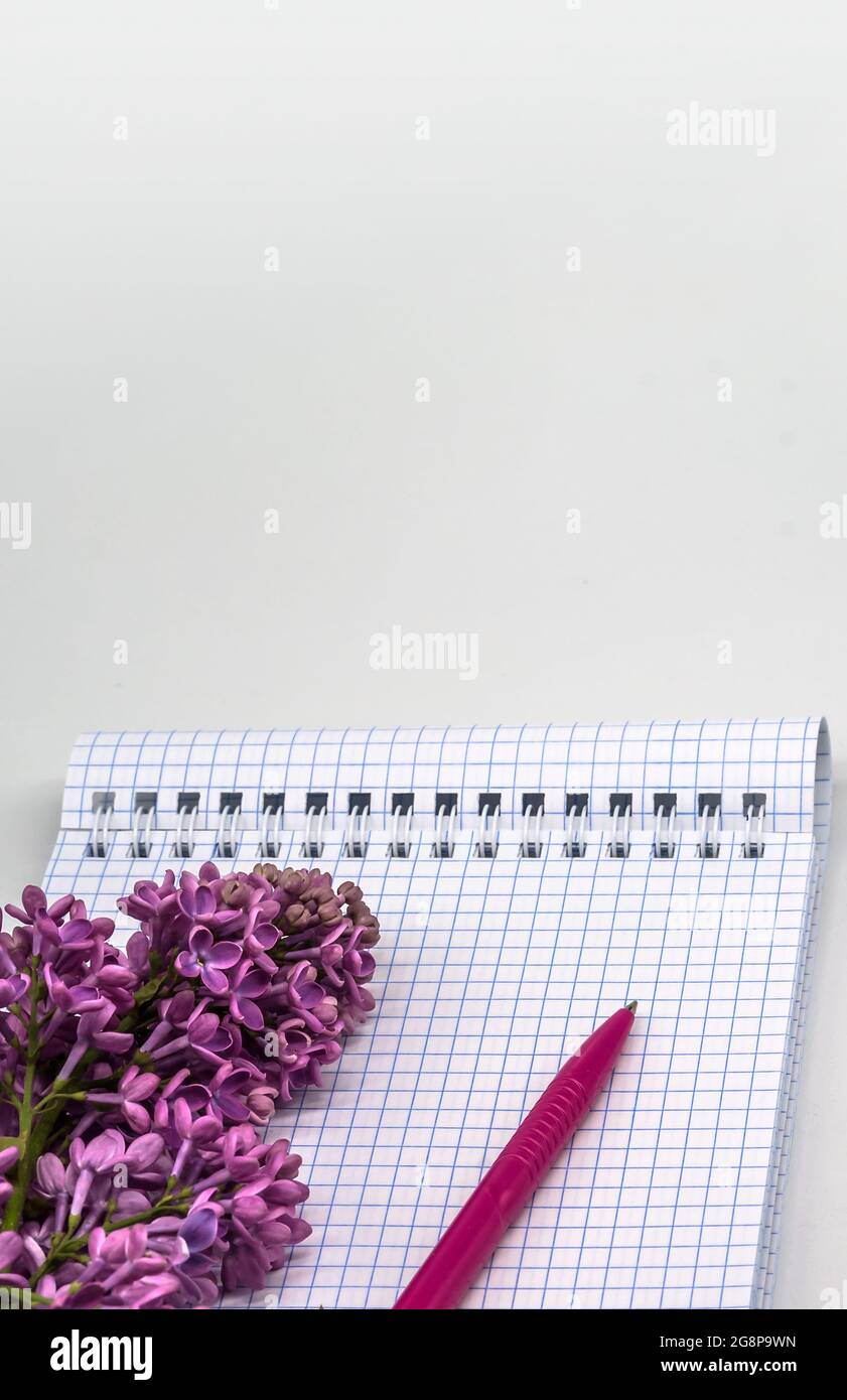 Notebook-Flieder auf weißem Hintergrund. Spiralnotizbuch und Stift. Notizblock mit Stift und Blumen. Stockfoto