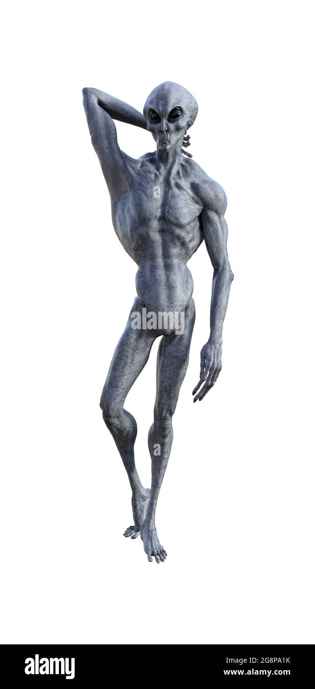 3d-Illustration eines grauen Aliens mit einem straffen muskulösen Körper, der in die Ferne blickt, mit einer Hand hinter seinem Hals isoliert auf weißem Hintergrund. Stockfoto
