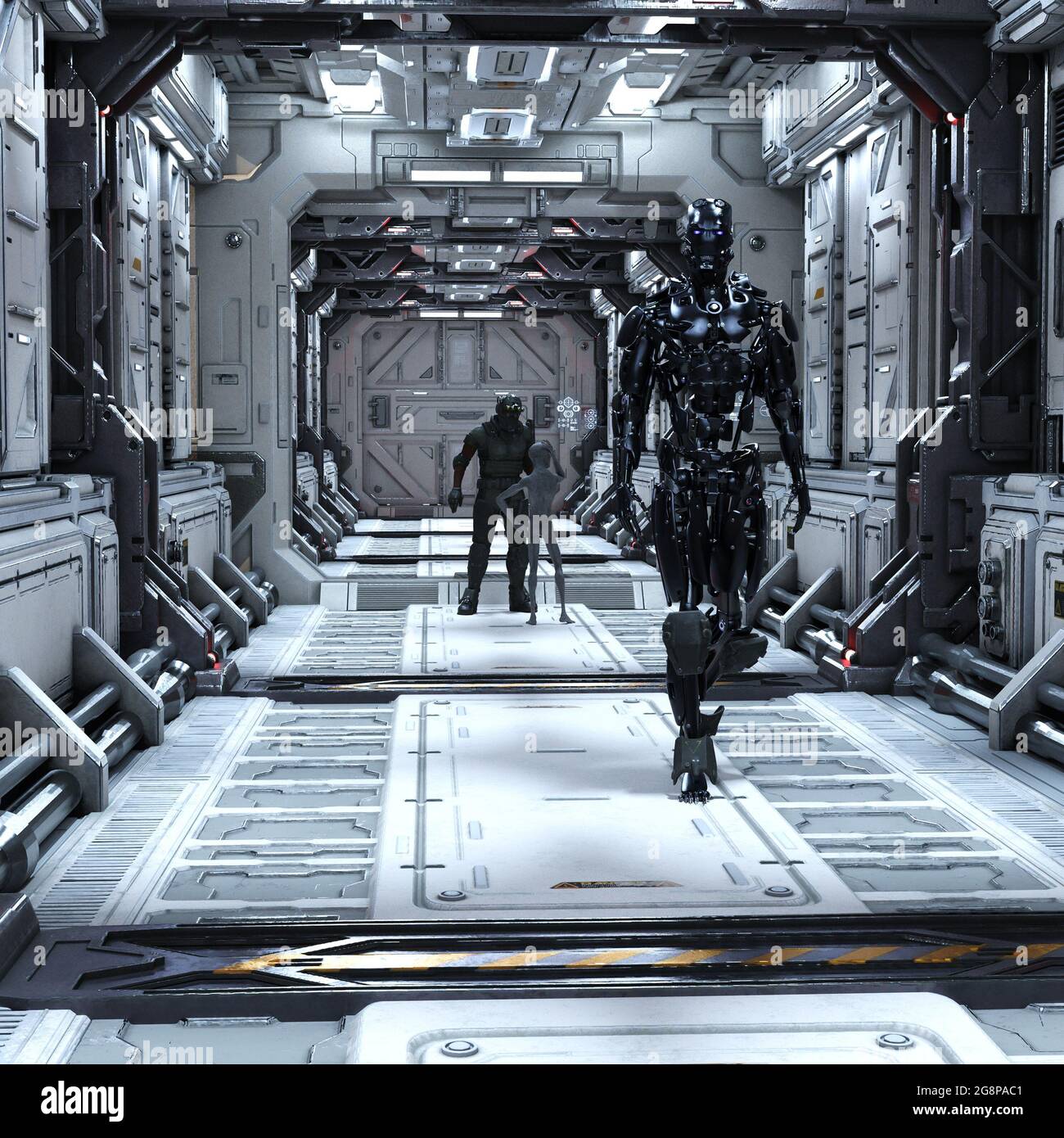 3d-Illustration eines Roboters, der mit einem Soldaten in einem langen Flur hinter dem Mechanoid mit einem grauen Alien spricht. Stockfoto