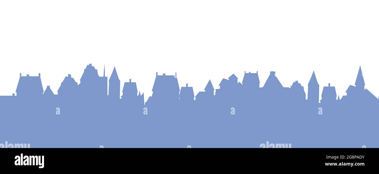 Kleine Stadt Straßen Silhouette. Dächer von Häusern. Landschaft auf dem Land. Flacher Cartoon-Stil. Nahtlose Illustration. Isoliert auf weißem Hintergrund. Vektorgrafiken Stock Vektor