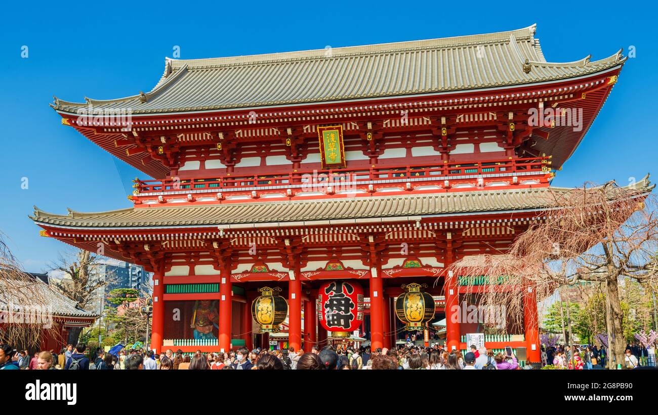 Touristen besuchen das Hozomon ('Treasure House Gate'), Teil des Senso-ji buddhistischen Tempels in Asakusa, Tokio Stockfoto