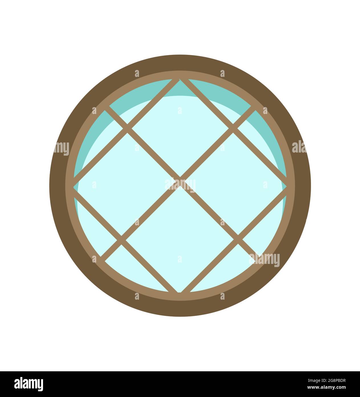 Das Fenster ist rund. Schlichter und flacher Stil. Blaues Glas. Tag. Cartoon niedlichen Märchen-Design. Isoliert auf weißem Hintergrund. Vektor Stock Vektor