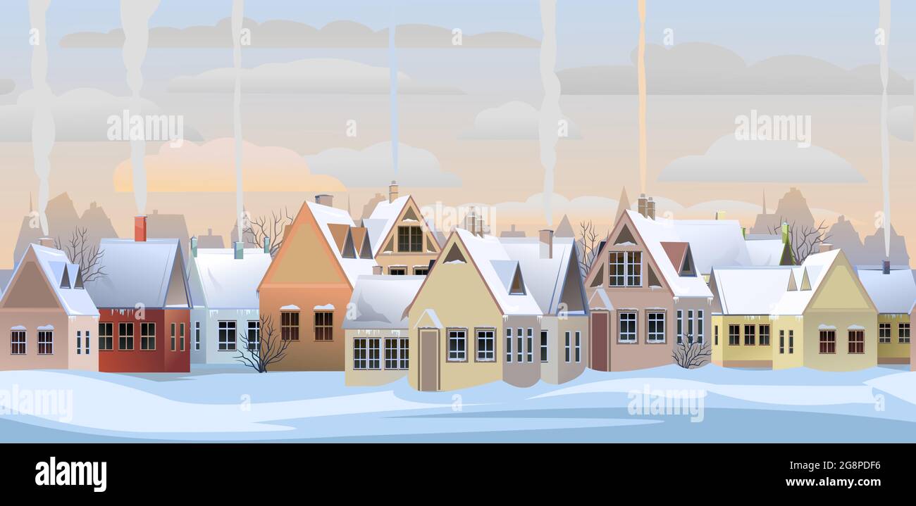 Winterstraße mit Schneeverwehungen. Ländliche Häuser. Rauch aus dem Kamin. Ruhiger frostiger Abend. Nahtlos. Die Dächer sind mit Schnee bedeckt. Landschaft auf dem Land Stock Vektor