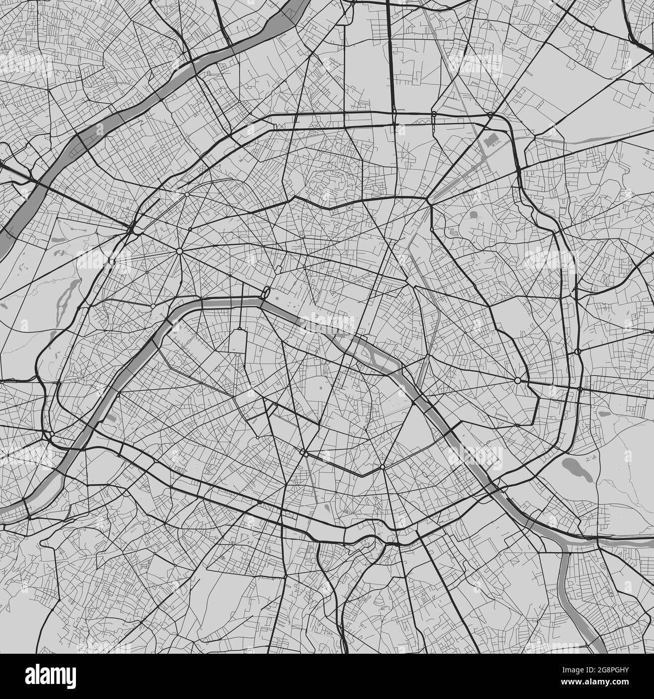 Stadtplan von Paris. Vektorgrafik, Paris Karte Graustufen Kunstposter. Straßenkarte mit Straßen, Ansicht der Metropolregion. Stock Vektor