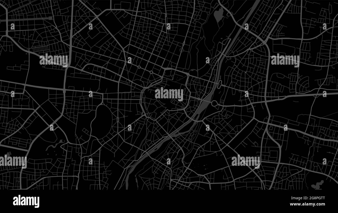 Schwarz dunkel München City Bereich Vektor Hintergrundkarte, Straßen und Wasser Kartographie Illustration. Breitbild-Proportion, digitale Flat-Design-Streetmap. Stock Vektor
