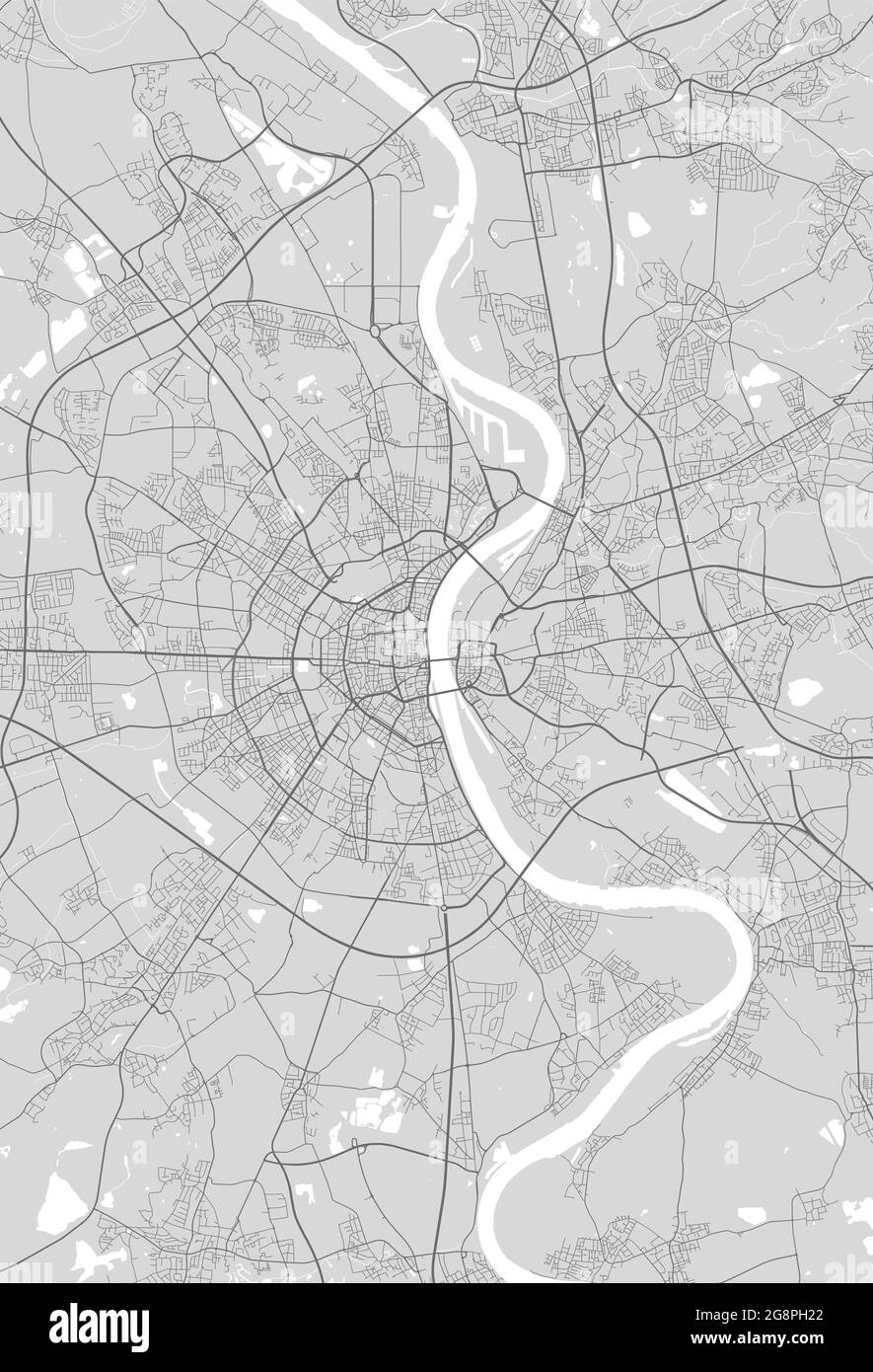 Stadtplan von Köln. Vektorgrafik, Köln Karte Graustufen Kunstposter. Straßenkarte mit Straßen, Ansicht der Metropolregion. Stock Vektor