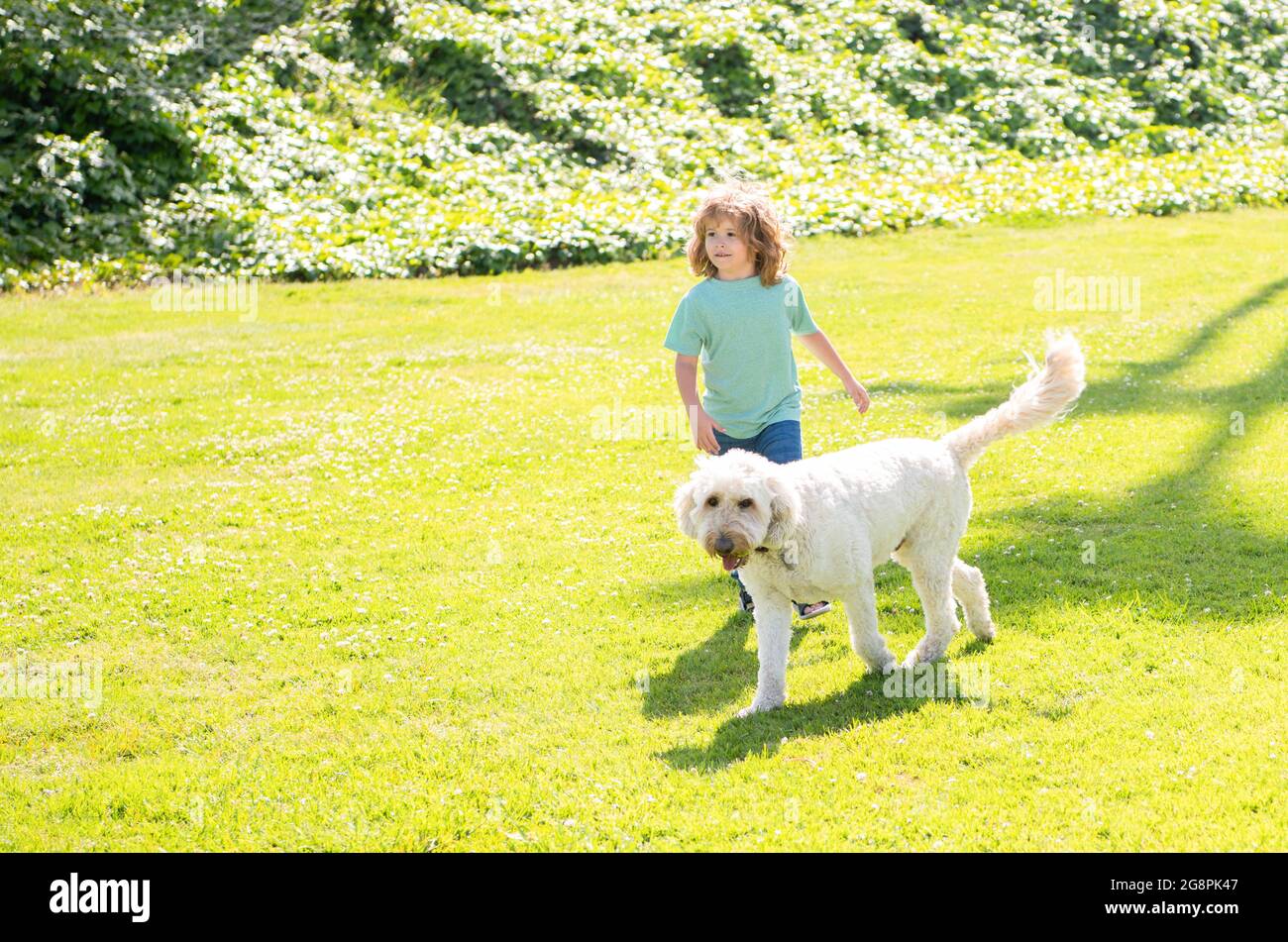Glückliches Kind spielen mit Hund. Junge und Haustier entspannen zusammen. Adoption und Nächstenliebe. Tier Tag. Stockfoto