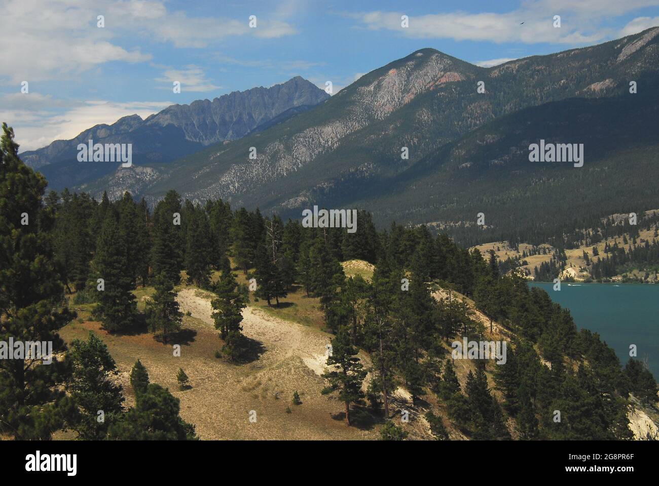 Panoramablick auf einen schönen See zwischen den waldreichen Rocky Mountains in der Nähe von Fairmont Hot Springs, Kanada. Stockfoto