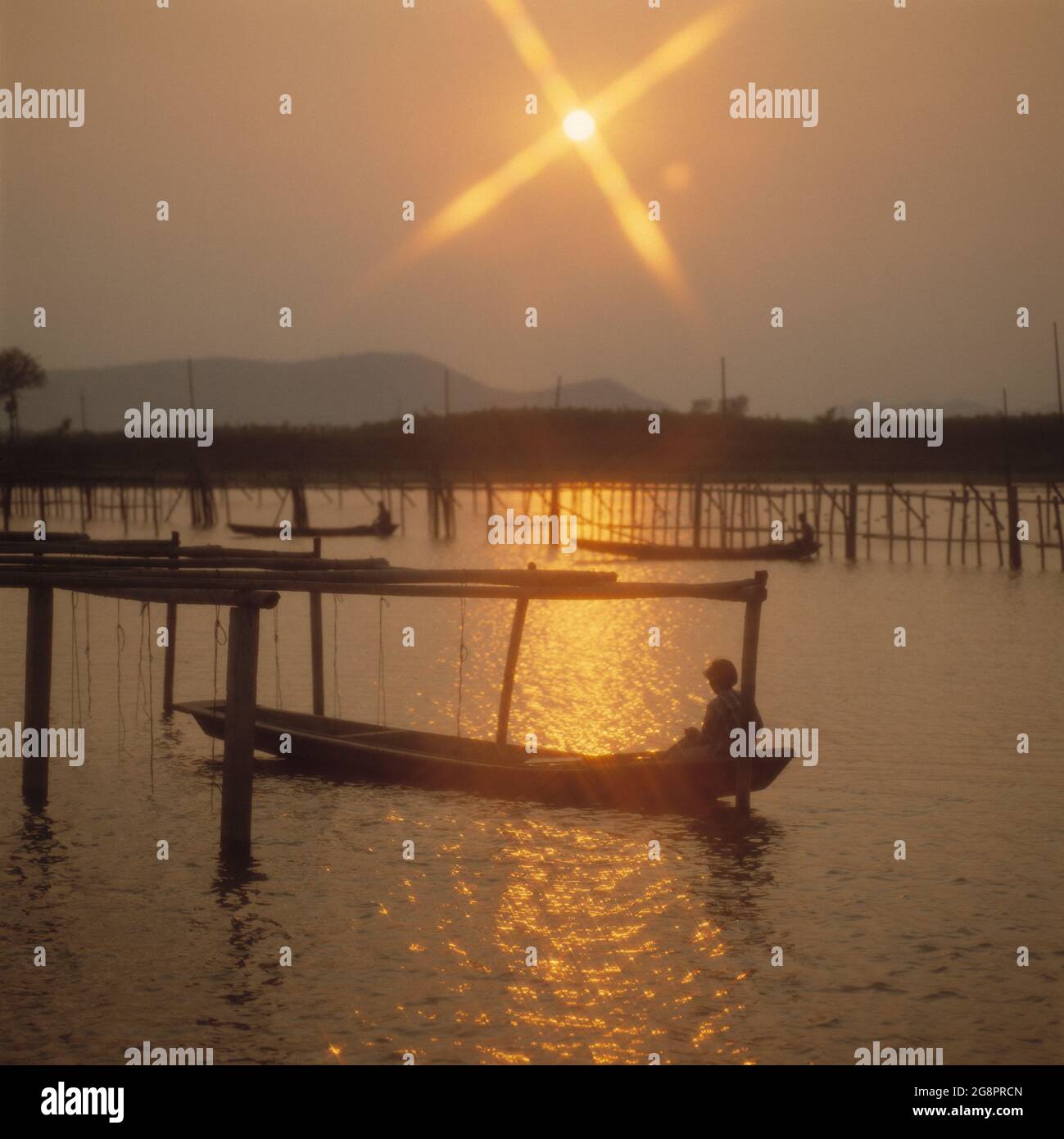 China. Provinz Zhejiang. Küste. Perlenfischerei mit Männern in Kanus bei Sonnenuntergang. Stockfoto